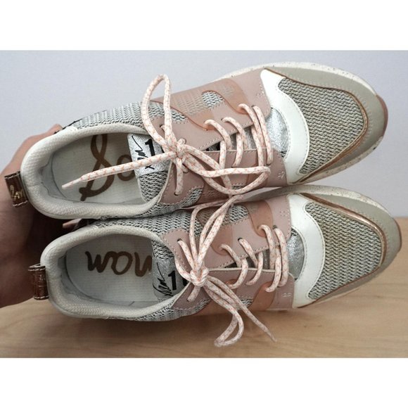 SAM EDELMAN White Pink Lace Up Fabric Leather Darsie Gold Sneakers Shoes Sz 8.5 - Picture 8 of 11